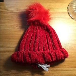 Red Chenille Talbots Hat with Fur Pompom